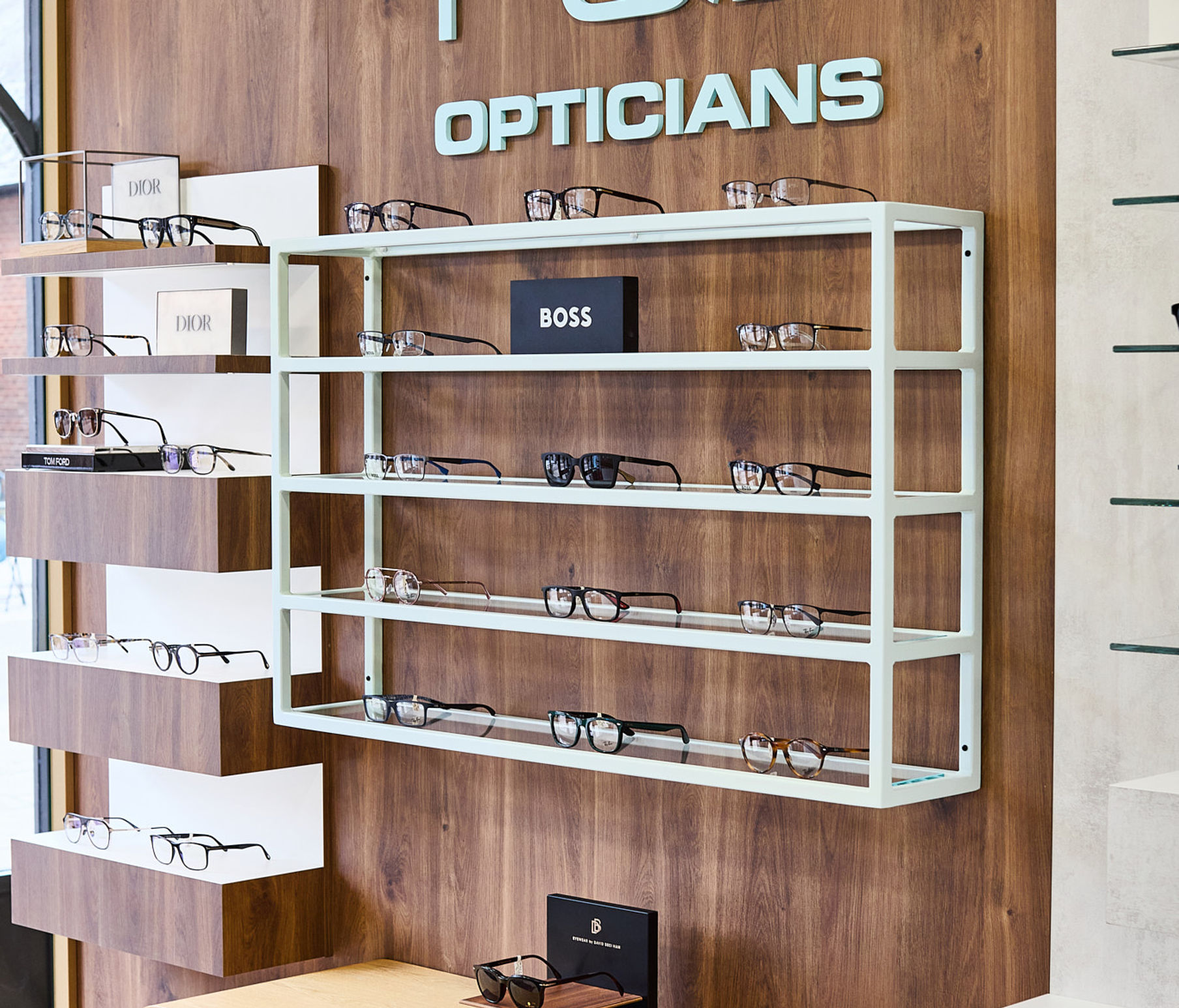 Designer frame display inside the Prince & Bates showroom